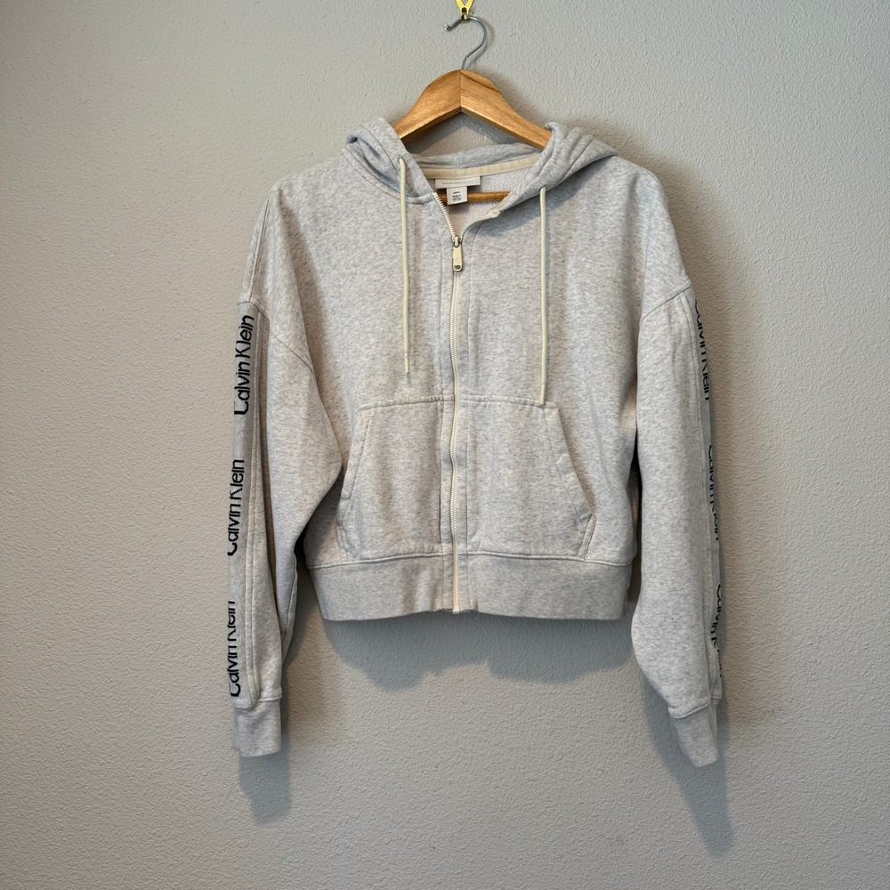 Calvin Klein Jeans Womens Grey Logo Tape Cropped Zip Up Hoodie Sweatshirt S